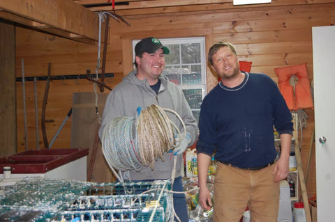 Josh Miller (right), president of the Tenants Harbor Fisherman’s Co-op, with best friend and fellow lobsterman, Jason Witham.