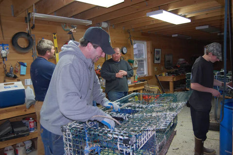 Josh, Jason, and members of the Tenants Harbor Fisherman’s Co-op working on their traps.