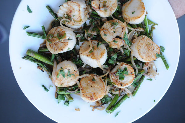Seared Scallops Over Spring Asparagus