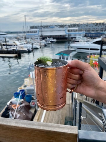 holding a cocktail in front of the dock