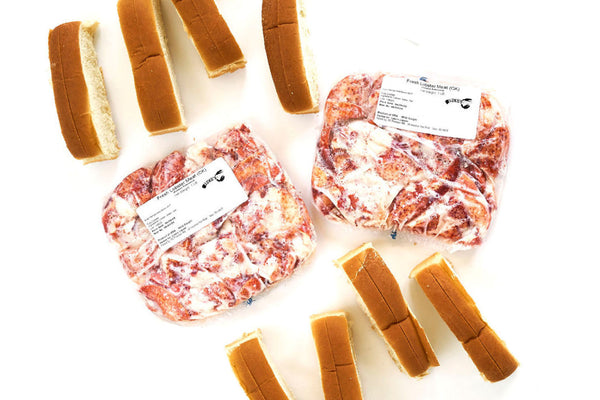 packages of prepared knuckle and claw lobster meat next to split top buns