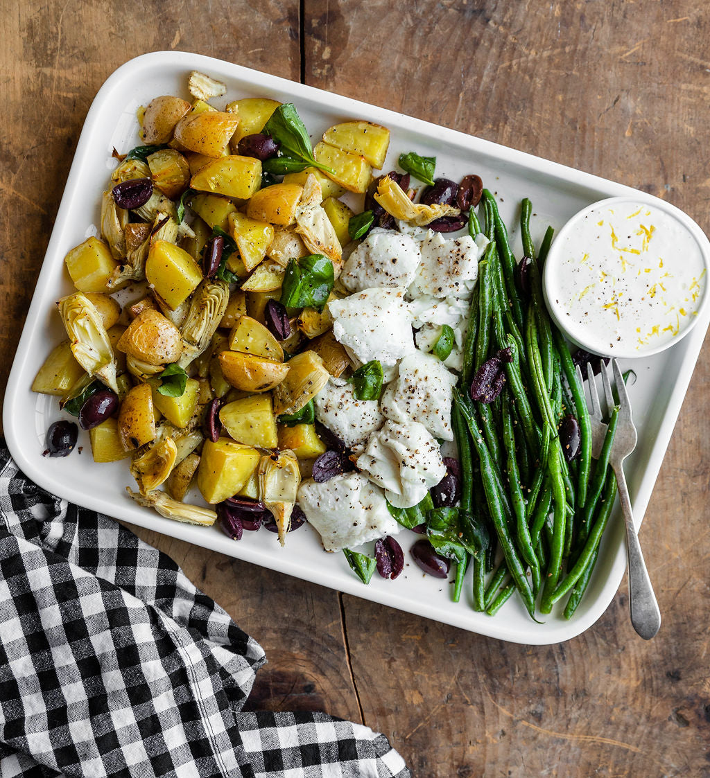 One-Sheet Roasted Niçoise Salad with Halibut