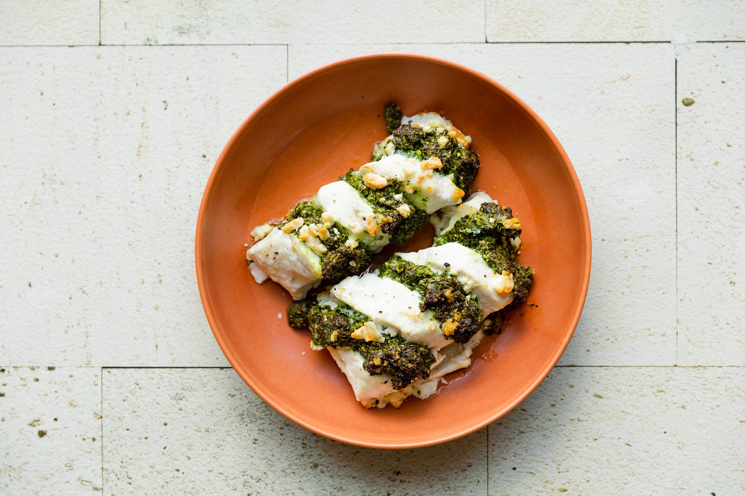 Kale and Feta Pesto Stuffed Halibut