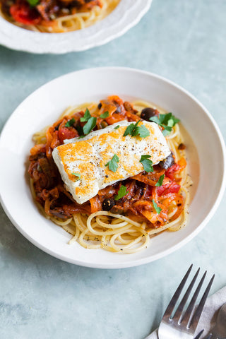 halibut in a tomato sauce with pasta