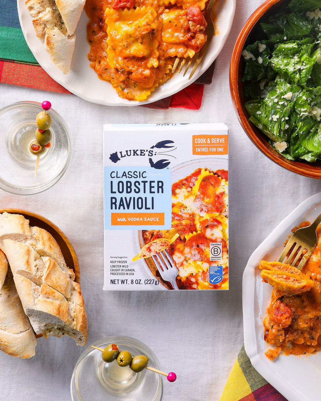 Lobster ravioli packaging with side dishes