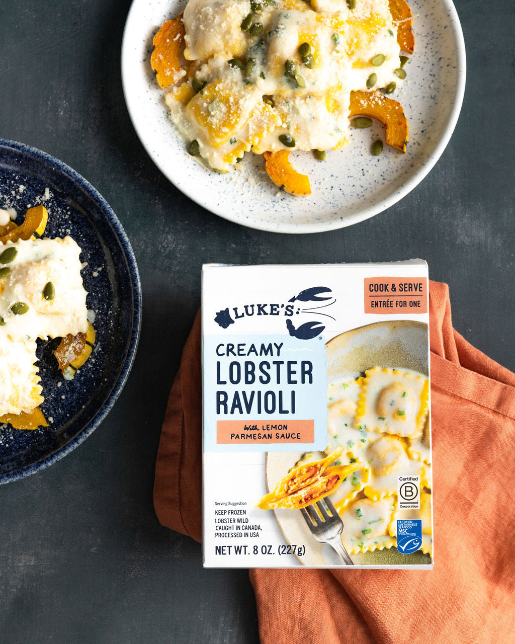 Lobster ravioli packaging on a napkin